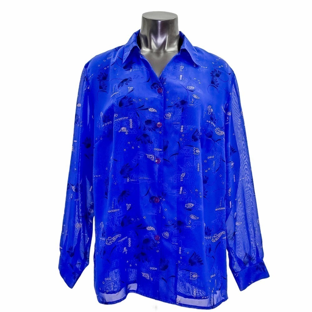 Jm Collection Sheer Blue Floral Button Down Top Women's Size 18W